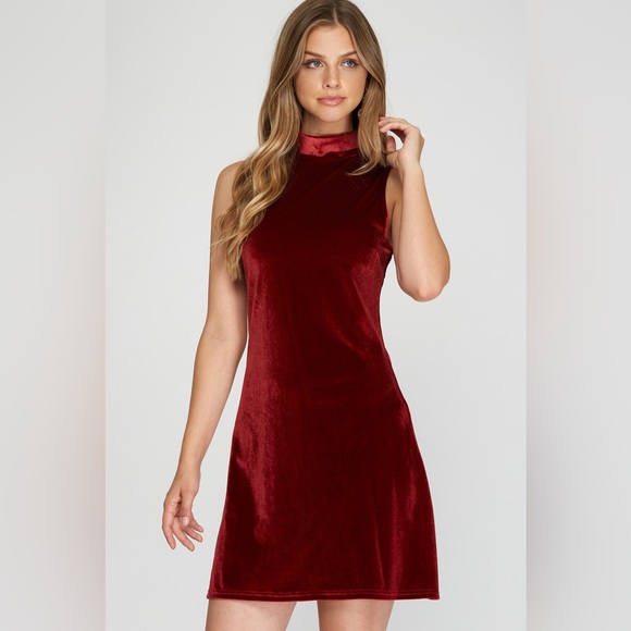 Sleeveless mock neck velvet dress in beautiful maroon red. - Picture 3 of 5